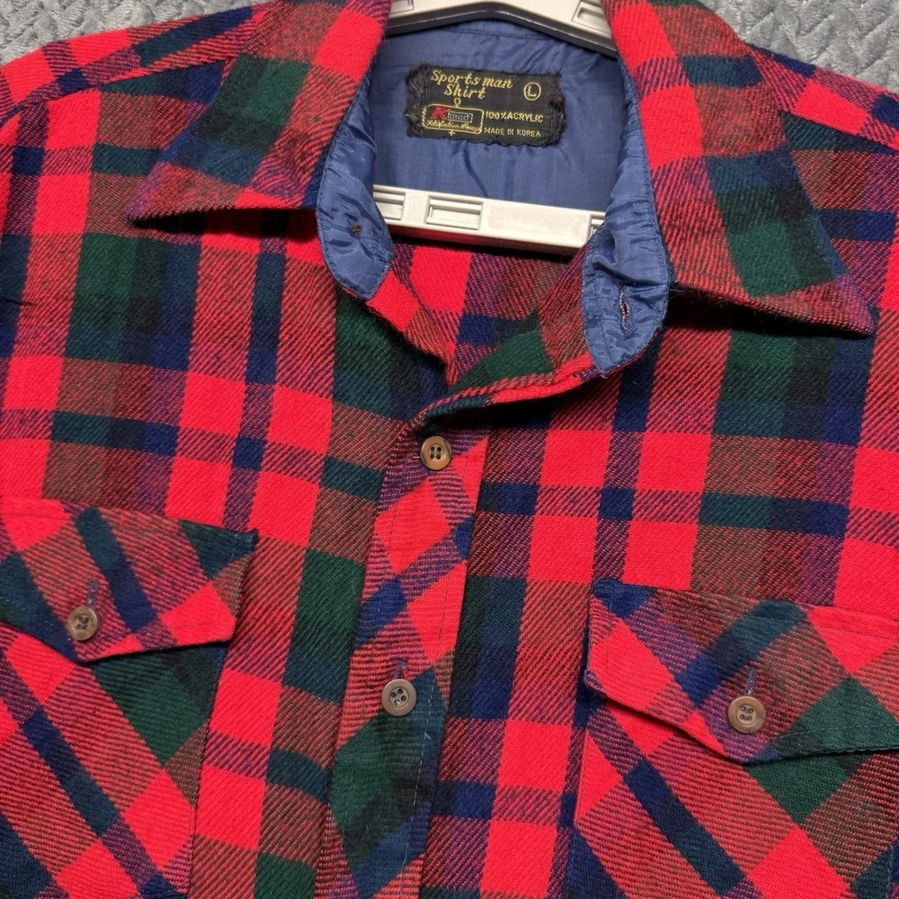 VTG Kmart Sportsman Shirt L Red Green Plaid Quilted Flannel Korea Made 70s 80s - Picture 4 of 9